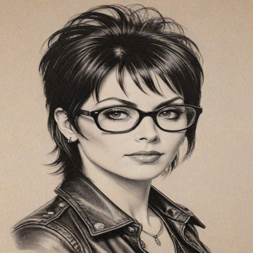 Gorgeous Joan Jett, pencil sketch, portrait of Elegant woman 1952s in glasses, hair style beatnik, outline, clear lines, fine lines, 8k