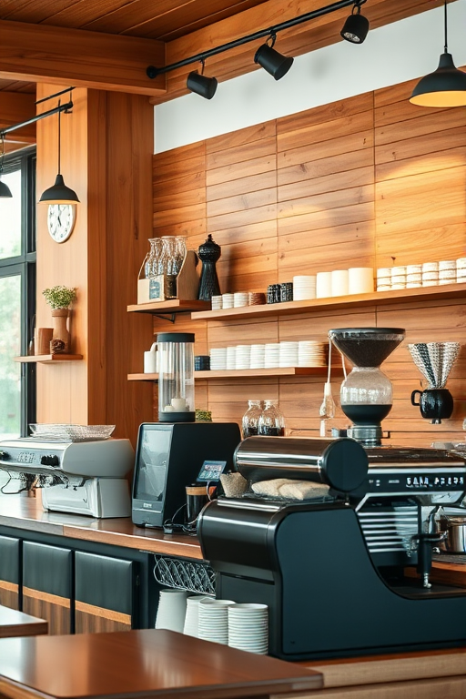 regenerate the image of a cozy and modern coffee shop interior featuring wooden decor, a well-organized coffee bar with espresso machines, coffee grinders, and a variety of coffee cups on display, with soft ambient lighting, using a Canon EOS R5 with a 24-70mm f/2.8 lens, aperture set at f/4, ISO 400, shutter speed 1/60s, in a warm color palette, focusing on details and textures, in natural light conditions.