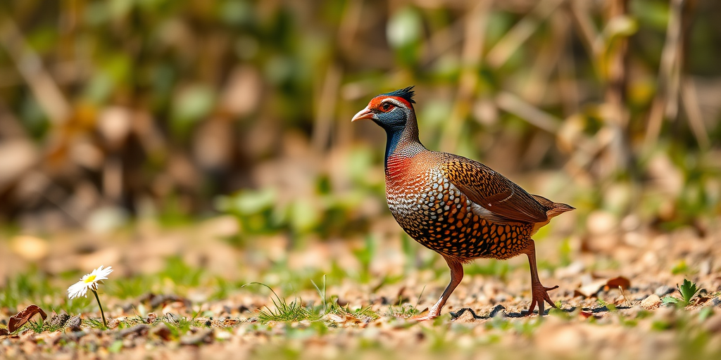 Create a high-resolution image of a partridge walking on the ground, natural habitat in the background, shot with a Canon EOS R5, 85mm lens, f/4 aperture, ISO 200, 1/500 sec shutter speed, captured in bright sunlight with a shallow depth of field for a blurred background.