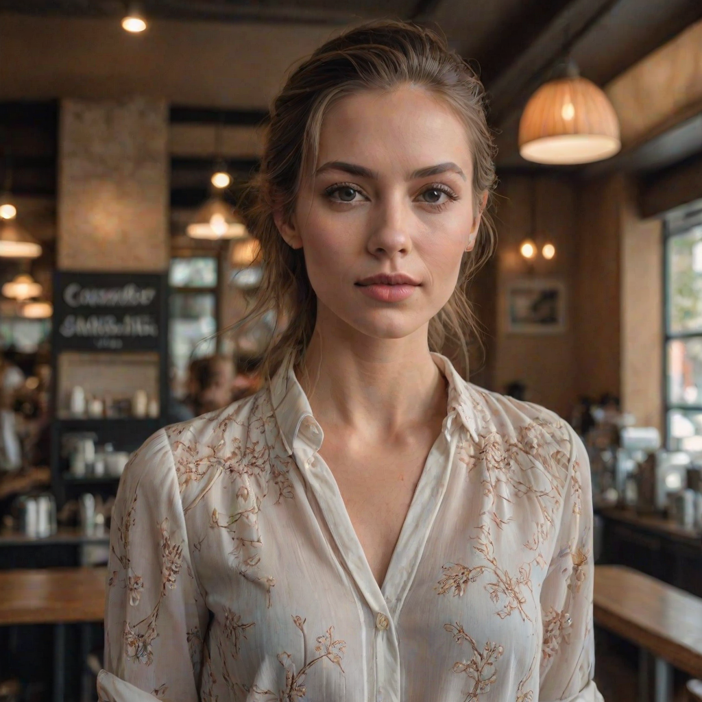 beautiful detailed photograph,  beautiful detailed photograph, shoulder length hair pulled back. strands of hair framing her face, She is wearing a chic blouse, standing in a cafe looking at the viewer.