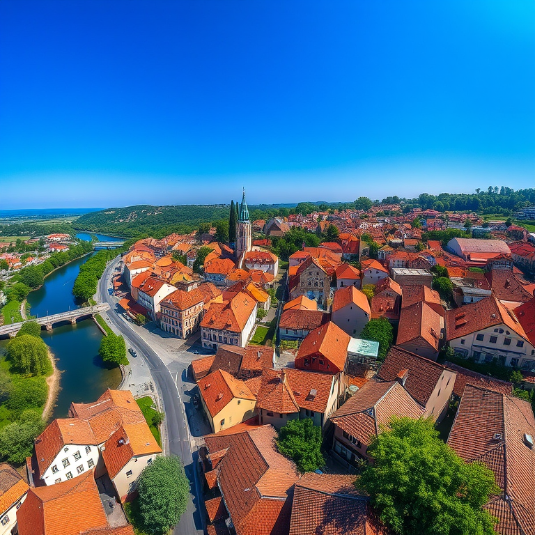 Regenerate a vibrant aerial view of a picturesque town with traditional architecture and red-tiled roofs beside a river and greenery under a clear blue sky, using a DSLR camera, 24mm lens, f/8 aperture, ISO 100, and a high dynamic range setting for enhanced detail and color.