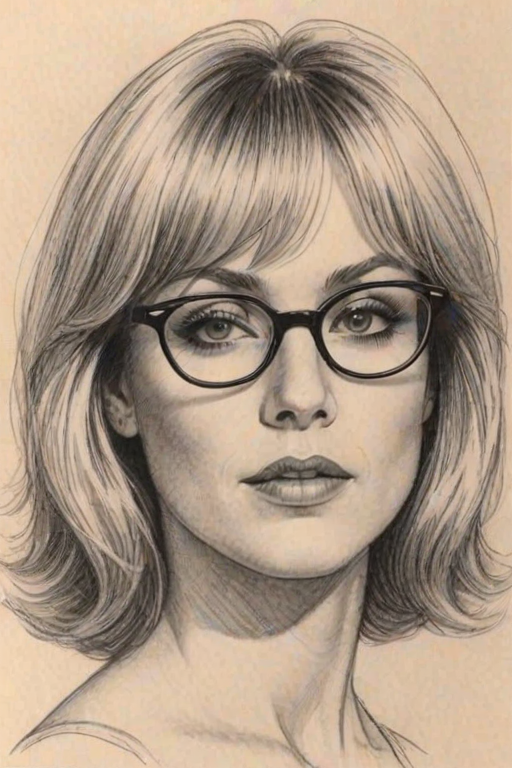 Pleasing Barbara Crampton, pencil sketch, portrait of Bewitching woman 1976s in glasses, hair style beatnik, outline, clear lines, fine lines, 8k