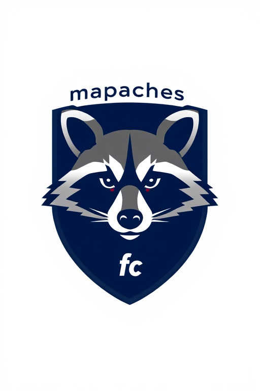 Create a high-resolution image of a shield logo featuring a stylized raccoon head, incorporating dark blue and gray colors, with the text "mapaches" at the top and "fc" at the bottom, shot with a DSLR camera, using a 50mm lens, aperture f/2.8, ISO 100, and a clean white background for better contrast and clarity.