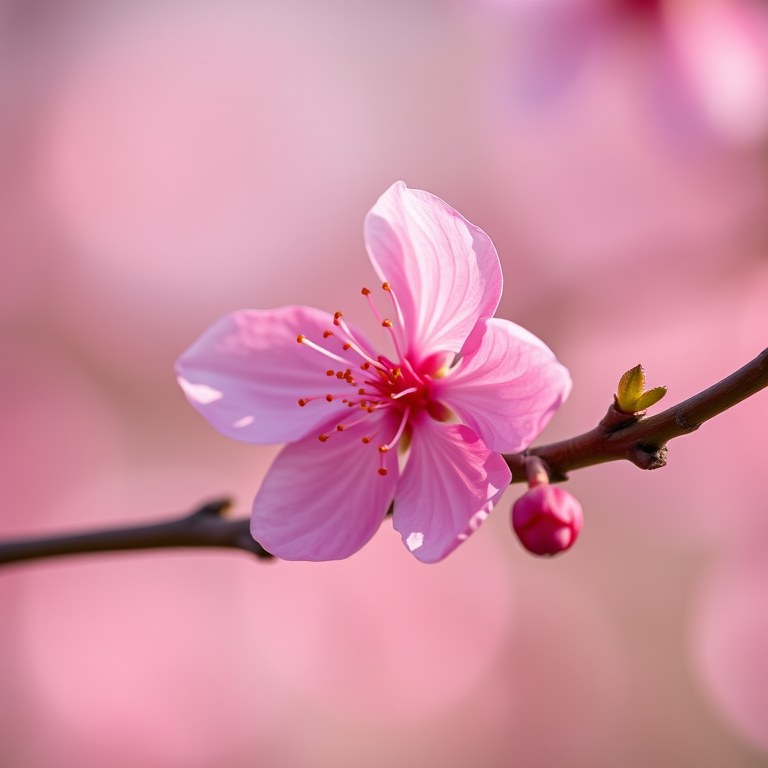 Capture a close-up shot of a pink flower on a branch with soft-focus background, using a DSLR camera, 50mm lens, aperture f/1.8, ISO 200, shutter speed 1/200s, natural light, macro photography style.