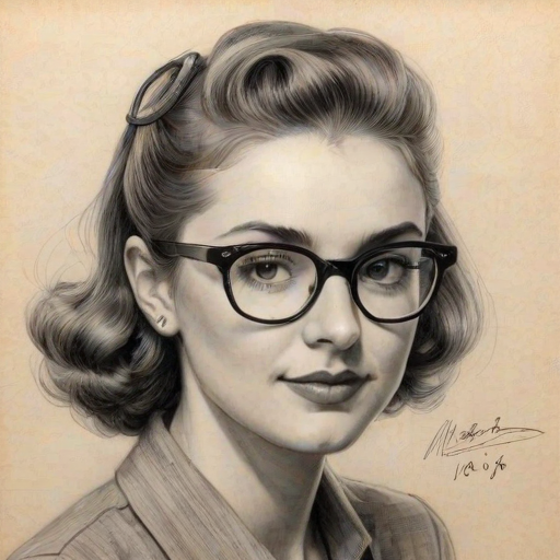 Superb Natalie Dyer, pencil sketch, portrait of Charming woman 1943s in glasses, hair style beatnik, outline, clear lines, fine lines, 8k