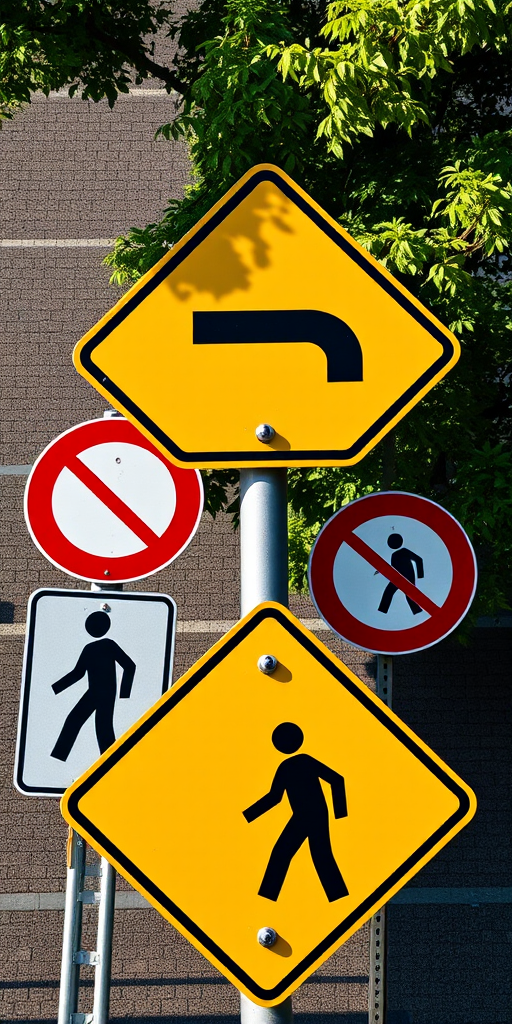 Create an image featuring various road signs such as a yellow diamond warning sign, a no entry symbol, a no pedestrian symbol, and a crossing sign, shot with a DSLR camera at f/8 aperture, ISO 200, 50mm lens, top-down view, daylight settings.