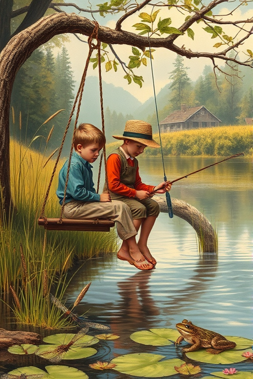 Imagine a small group of old fashioned young boys out fishing by the creek, a swing hanging from a tree branch, reeds and grasses by the water's edge, a frog sitting on a lily pad, dragonflies hovering over som water plans, a very iconic old fashioned scene reminiscent of a Norman Rockwell painting style