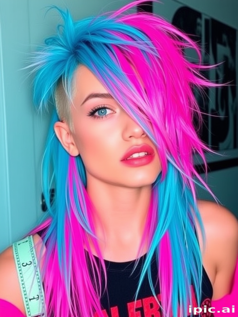 Edgy turquoise mullet with neon pink undertones, styled in tousled layers for a modern punk rock vibe, christened "Cyber Tsunami"