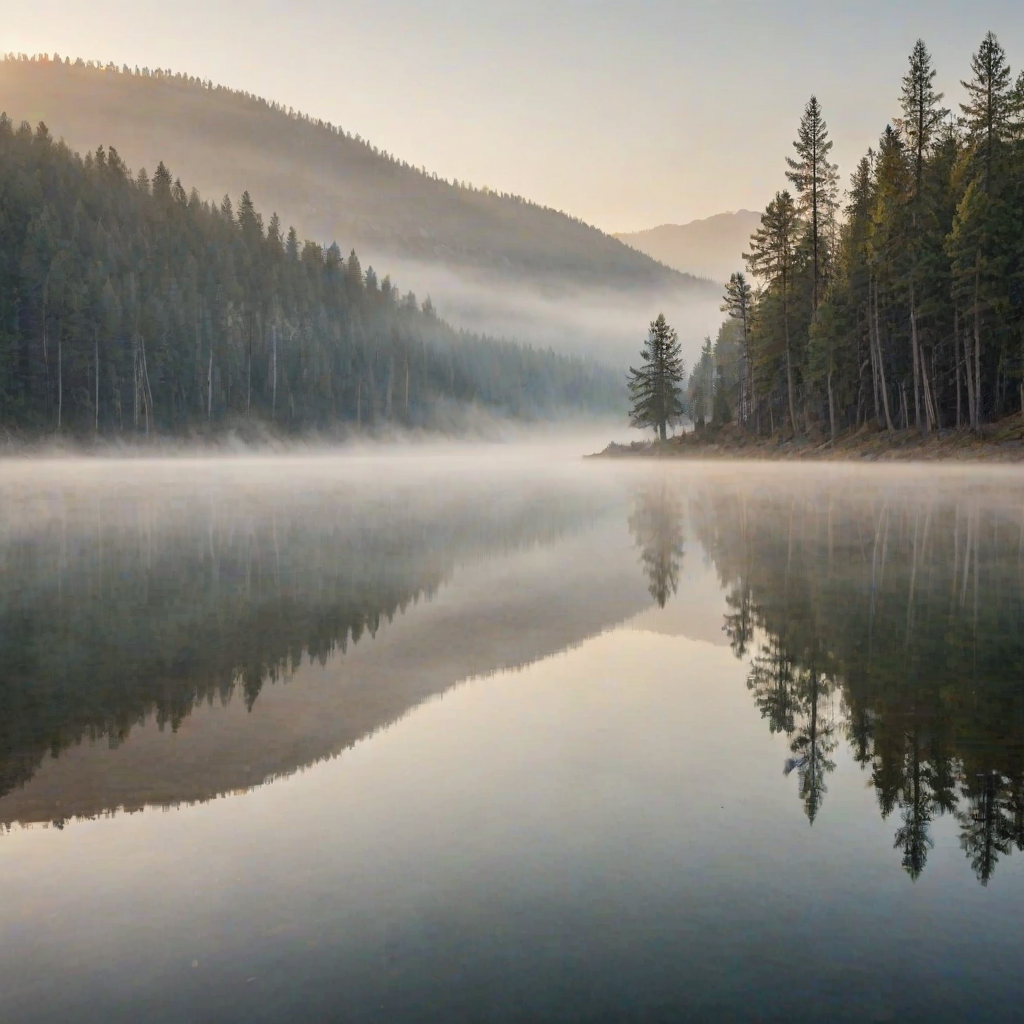 Soft-focus image of a peaceful mountain lake at sunrise, soft mist rising from the water, with distant pine trees reflected in the still surface and a sense of calm filling the air.