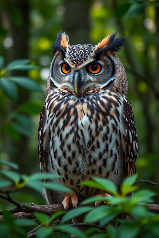 A close-up of a detailed owl perched in a lush forest setting, 50mm lens, f/2.8 aperture, ISO 400, soft natural lighting, DSLR camera, high resolution.