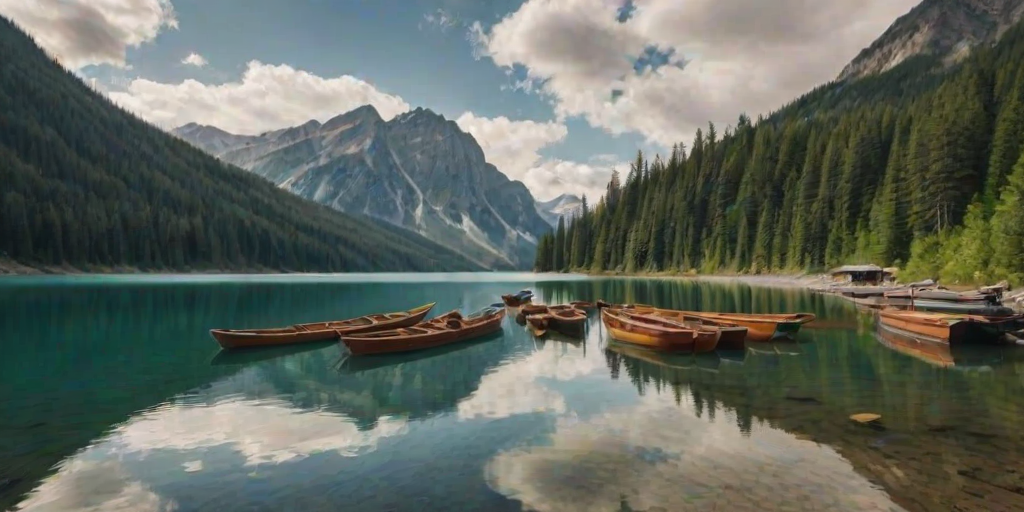 generate an image of a serene mountain lake surrounded by tall mountains and dense forests with wooden boats docked by the shore under a cloudy sky