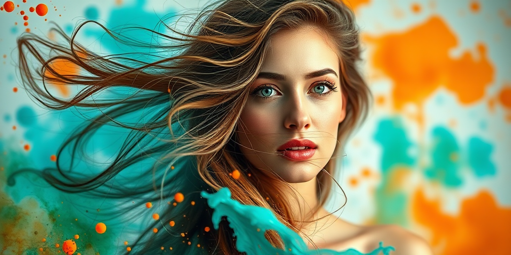 Create an ethereal portrait of a woman with flowing hair amidst vibrant splashes of teal and orange watercolor paint, capturing a serene expression with a soft-focus background, shot with a Canon EOS R5 at f/1.8, ISO 100, shutter speed 1/200s, in portrait orientation to enhance detail and depth.