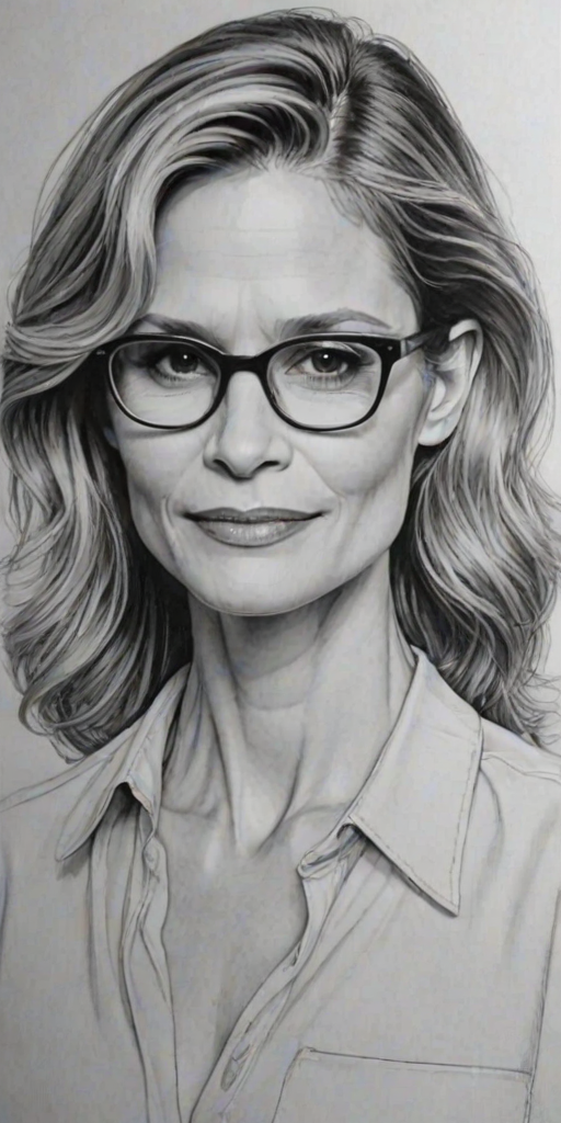 Captivating Kyra Sedgwick, pencil sketch, portrait of Attractive woman 1944s in glasses, hair style beatnik, outline, clear lines, fine lines, 8k