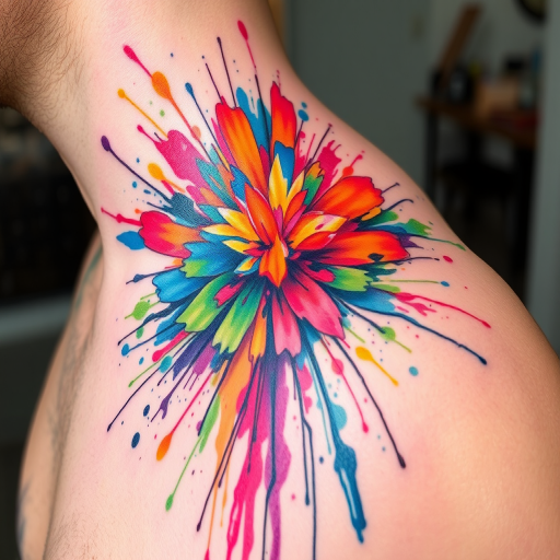 Watercolor splash tattoo dubbed "Chromatic Eruption" featuring explosive bursts of vibrant pigments that appear to drip and splatter across the skin in a colorful abstract display