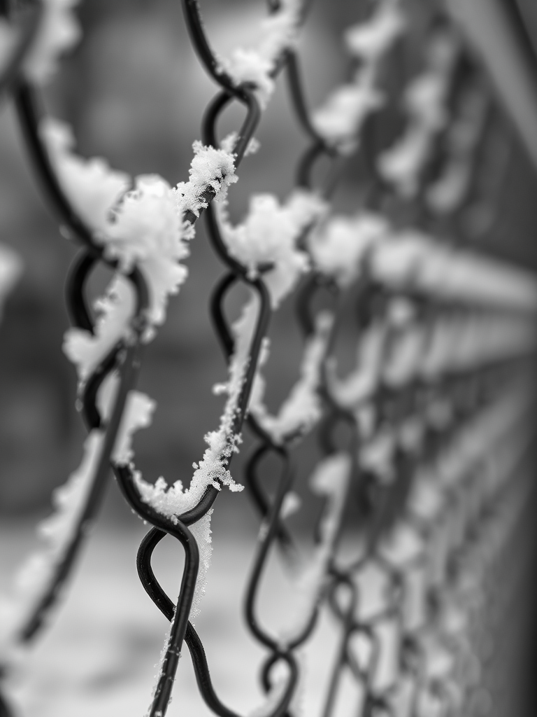 frost-covered chain-link fence, shallow depth of field, monochrome, natural lighting, ISO 100, f/2.8, 50mm lens, captured with a DSLR camera, focus on the ice crystals