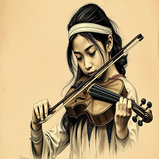 a young Bhutanese woman with a white headband playing a violin, in the style of a charcoal drawing, sepia grunge background