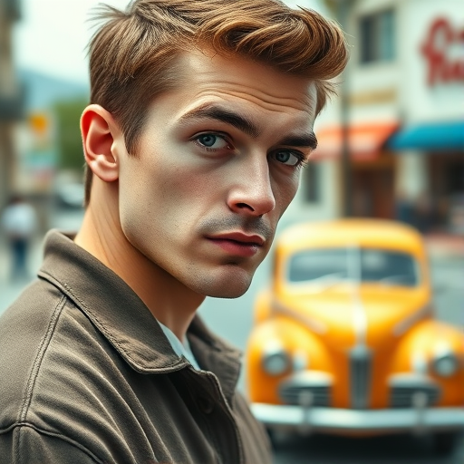 Create a high-resolution image of a 1950s man in sharp focus, set against a vibrant street scene with classic cars in the background, shot with a DSLR camera at f/2.8 aperture, ISO 100, 1/500s shutter speed, wide-angle lens, and a slight tilt-shift effect to enhance depth of field.
