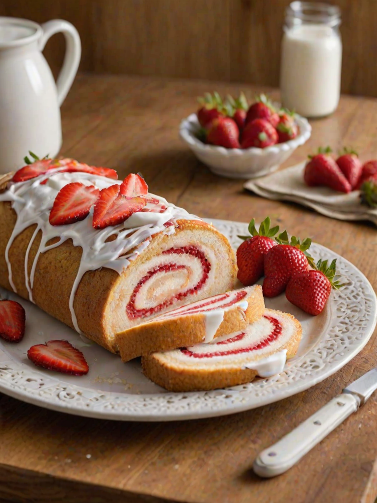 Create an image of a sliced strawberry shortcake roll. The roll should have a light sponge cake base filled with whipped cream and fresh strawberries. The exterior should be covered in fluffy white frosting, with whole strawberries placed on top for decoration. The slice should showcase the spiral pattern of the filling, highlighting the vibrant red strawberries against the creamy white layers. The setting should be a wooden serving board, with a decorative plate in the background.