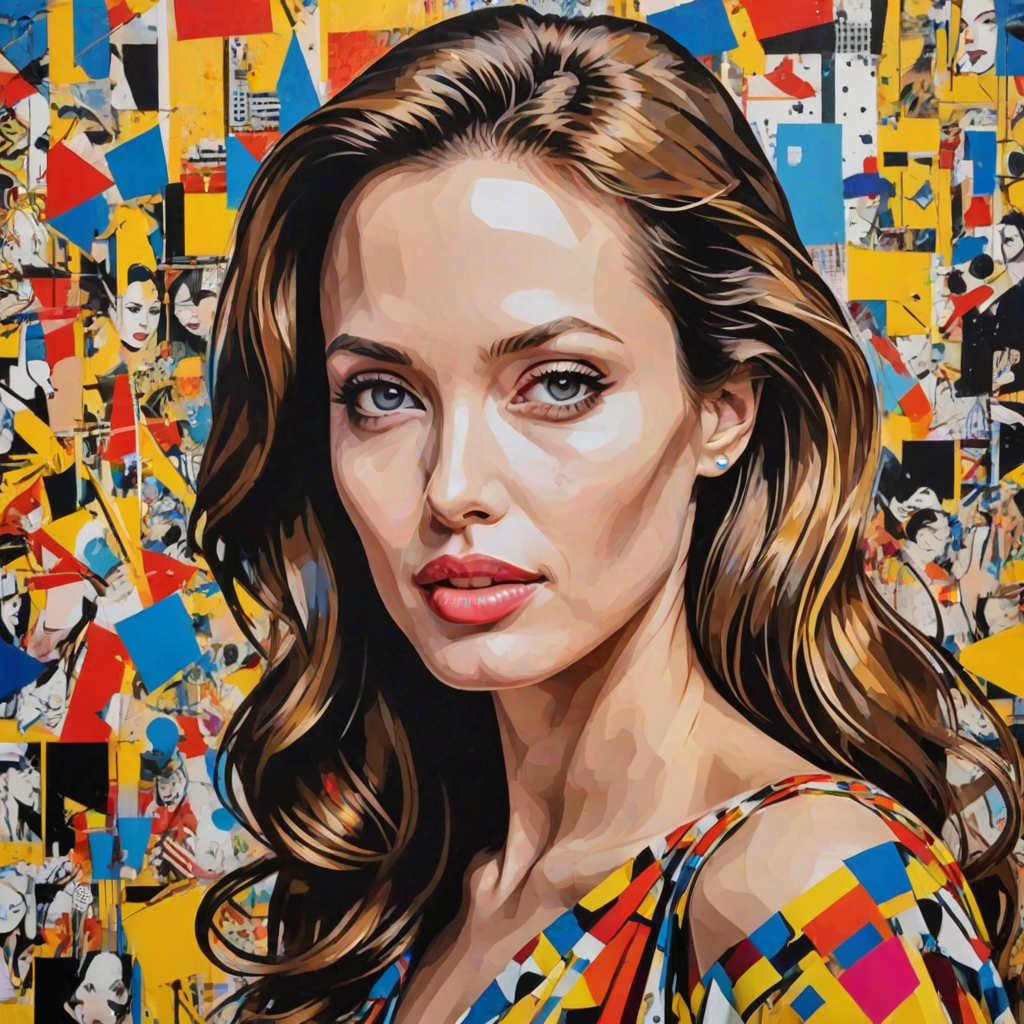 Featuring a young angelina jolie, A vibrant artwork blending bohemian style with edgy street art, . The design mixes vibrant colors with the modern Disney-inspired style, echoing Roy Lichtenstein's pop art. The overall mood is optimistic and trendy, with elements of Johannes Vermeer’s classic elegance, combined with the geometric abstraction of crystal cubism. add Stockholm silhouette