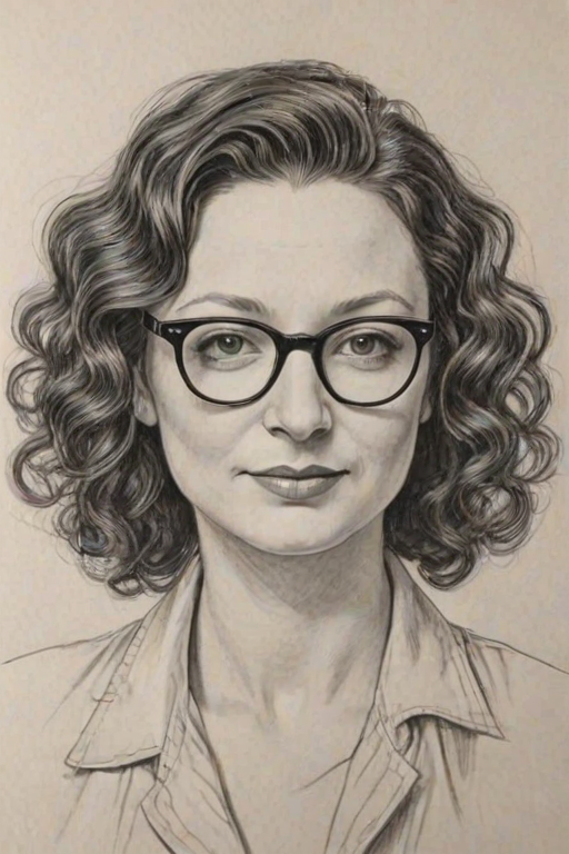 Exquisite Sara Gilbert, pencil sketch, portrait of Graceful woman 1938s in glasses, hair style beatnik, outline, clear lines, fine lines, 8k
