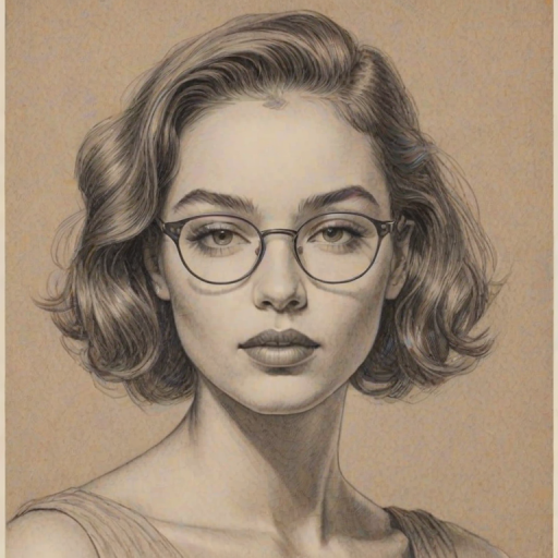 Stunning Ashley Moore, pencil sketch, portrait of Resplendent woman 1922s in glasses, hair style beatnik, outline, clear lines, fine lines, 8k