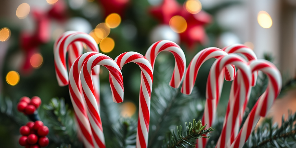 Generate an image of candy canes in a festive arrangement, shot with a Canon EOS R5 at f/8, ISO 100, 1/125s, using a soft focus lens for a slight bokeh effect, in a bright, evenly lit setting.