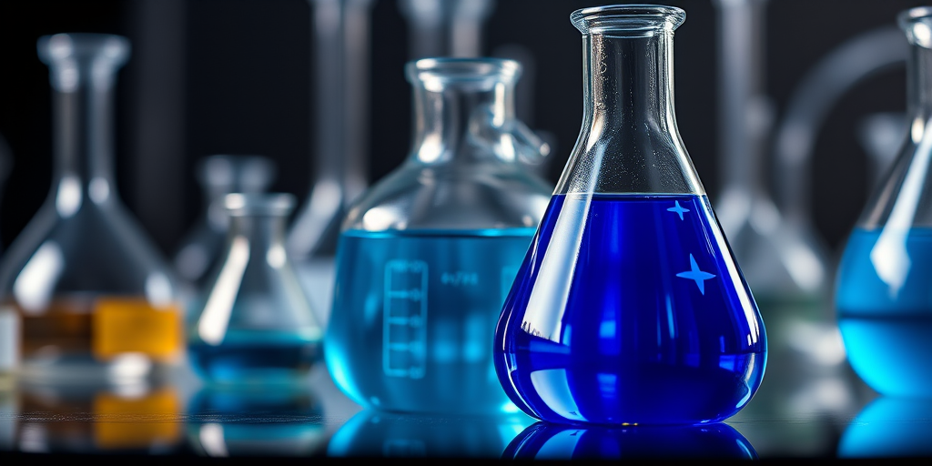 Create a hyper-realistic illustration of laboratory glassware including two blue flasks, use a macro lens with a shallow depth of field, set aperture to f/2.8, focal length at 50mm, and studio lighting to enhance reflections and clarity.