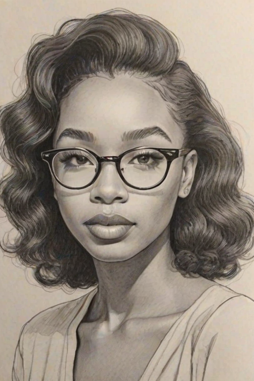 Radiant SZA, pencil sketch, portrait of Gorgeous woman 1945s in glasses, hair style beatnik, outline, clear lines, fine lines, 8k