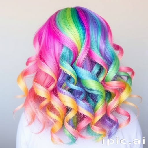 Vibrant rainbow unicorn hair melts from pastel pink roots through yellow, green, blue, and purple ends, styled in voluminous curls for a magical look