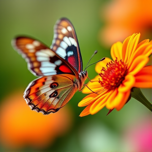 Capture a vibrant macro shot of a butterfly resting on a flower, using a Canon EOS R5 with a 100mm f/2.8L macro lens, aperture set to f/4 for a soft bokeh effect, ISO 100, and a shutter speed of 1/200 sec, in natural light with a shallow depth of field to emphasize the intricate details and colors, styled in a watercolor effect.