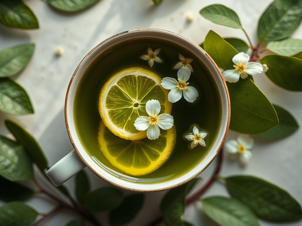 Aerial view of a cup of green tea with lemon slices and white flowers, surrounded by leaves, soft natural lighting, ISO 200, f/4.0, 1/60 sec, DSLR camera, minimalist style.