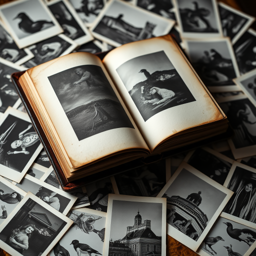 A close-up view of an open vintage photo album surrounded by scattered black-and-white photographs, shot with a 50mm lens at f/2.8, ISO 100, natural lighting to enhance texture and detail, using a DSLR camera.