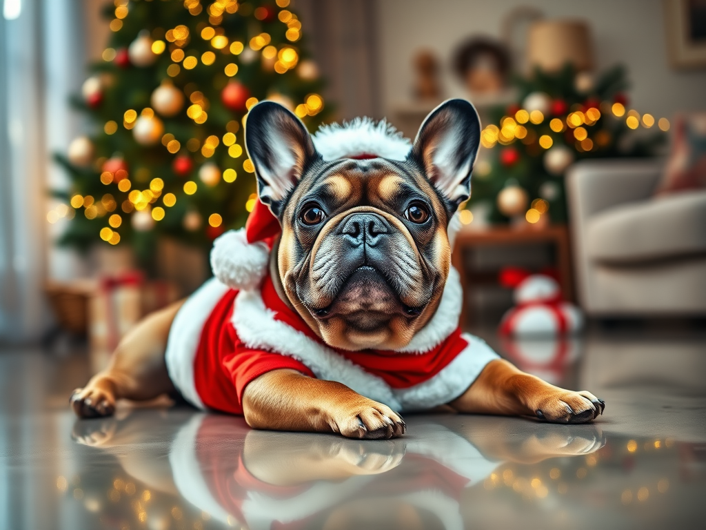 Generate an image of a French Bulldog wearing a festive Santa outfit, lying flat on a shiny floor. The background features a beautifully decorated Christmas tree with twinkling lights, and a cozy living room setting with soft furnishings. The dog's expression should be adorable and relaxed, capturing a playful holiday spirit.