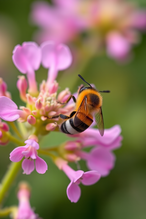 macro photograph of a bee on pink flowering plant with a blurred green background, aperture f/2.8, shutter speed 1/250s, ISO 200, taken with a DSLR camera using a 100mm macro lens, natural soft lighting, close-up view to enhance details and vivid colors