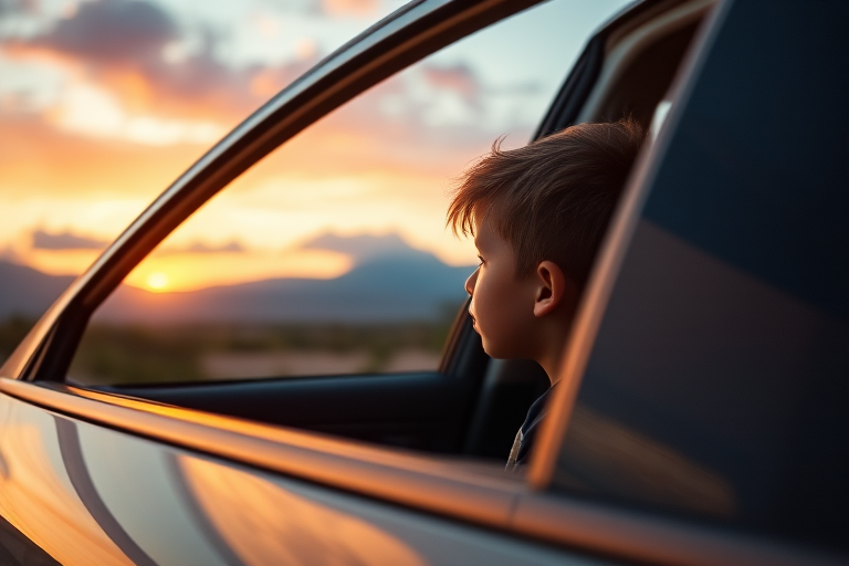Create an image of a young boy sitting in a car, looking out at a sunset with mountains and clouds in the background, use a soft pastel color palette, capture it with a Canon EOS R5, 50mm lens, f/1.8 aperture, ISO 100, and a warm Cinematic style.