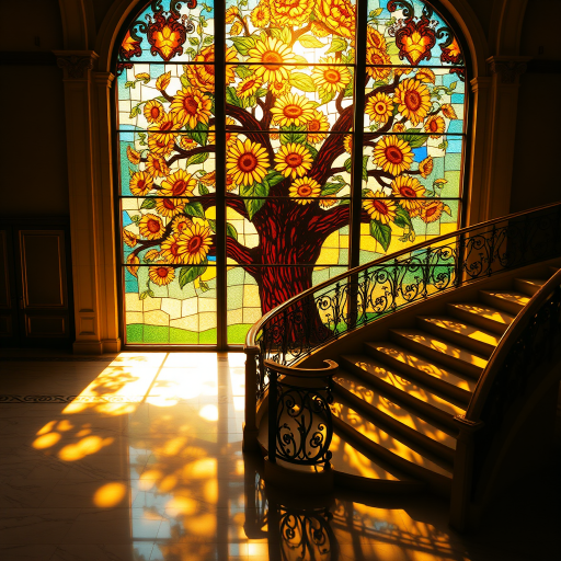 A stained glass window featuring a large, vibrant tree with blooming sunflowers as its focal point. The sunlight passes through the glass, casting multicolored shadows across the floor and a grand, curved staircase with ornate iron railings. The overall ambiance is warm, with golden sunlight enhancing the vivid colors of the stained glass, creating a serene and artistic atmosphere in a spacious room with polished marble floors. The scene is elegant and peaceful, with a blend of nature and architectural beauty.