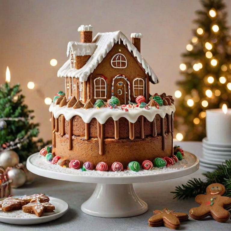 Create an image of a festive gingerbread cake with multiple layers, featuring creamy frosting between the layers. The cake should be decorated with a glossy chocolate drizzle, miniature gingerbread cookies, and small evergreen decorations. The background should include soft, twinkling lights and a cozy holiday atmosphere, with white decorative houses and a few other baked goods displayed nearby.