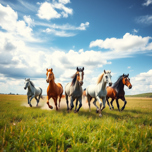 Capture a vivid watercolor painting of a group of galloping horses in a grassy field under a partly cloudy sky, using a DSLR camera at f/8 aperture, 1/250 shutter speed, 50mm lens, daylight setting, and a wide shot perspective.