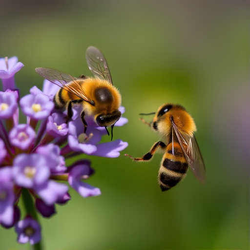 Close-up of bees pollinating purple flowers with a shallow depth of field, captured with a DSLR camera, 100mm macro lens, f/2.8 aperture, ISO 200, 1/500s shutter speed, natural light, focus on the bees with a soft bokeh background.