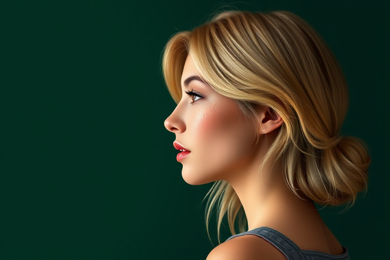 create a digital illustration of a woman in profile view with blonde hair and freckles, against a dark green background, using a high-resolution digital painting technique, 85mm lens, f/4 aperture, natural lighting, focus on facial details and smooth shading