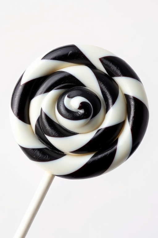 Create a high-resolution image of a classic swirl lollipop with bold black and white colors on a transparent background, using a DSLR camera with a 50mm lens, aperture set to f/2.8, ISO 100, and 1/250 shutter speed, capturing a clean and sharp detail with a soft-focus background.