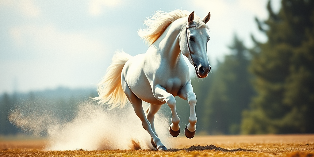 Create a realistic painting of a majestic white horse running gracefully, captured from a low angle with a shallow depth of field, using a DSLR camera with an aperture of f/2.8, ISO 100, and a focal length of 50mm.