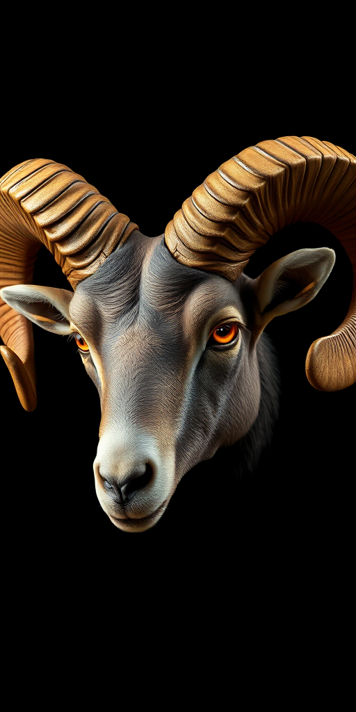 Create a highly detailed digital illustration of a ram's head with ornate golden horns and glowing eyes against a black background, using a high-resolution 50mm lens with f/1.8 aperture, ISO 100, under soft studio lighting for enhanced sharpness and contrast.