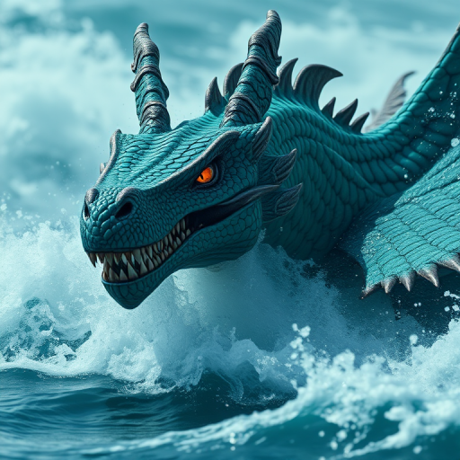 A majestic dragon emerging from turbulent ocean waters, highly detailed scales shimmering in turquoise and emerald hues, with glowing orange eyes piercing through mist and waves, captured with a Canon EOS R5, 50mm lens, f/1.8 aperture, ISO 100, high dynamic range, dramatic lighting, low-angle perspective for a powerful impact.
