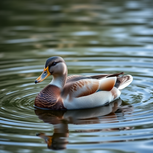 Generate a high-resolution image of a duck resting on water, using a Canon EOS 5D Mark IV, 50mm lens, f/1.8 aperture, ISO 100, with a shallow depth of field, soft natural lighting, and a slight vignette effect.