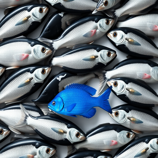 Create an image of a pattern featuring several black and white fish, with one fish highlighted in a bright blue color in the center, using a high-resolution digital camera setting of 24MP, aperture f/8, ISO 100, with a flat lay perspective, shot in natural light to enhance colors and contrast.