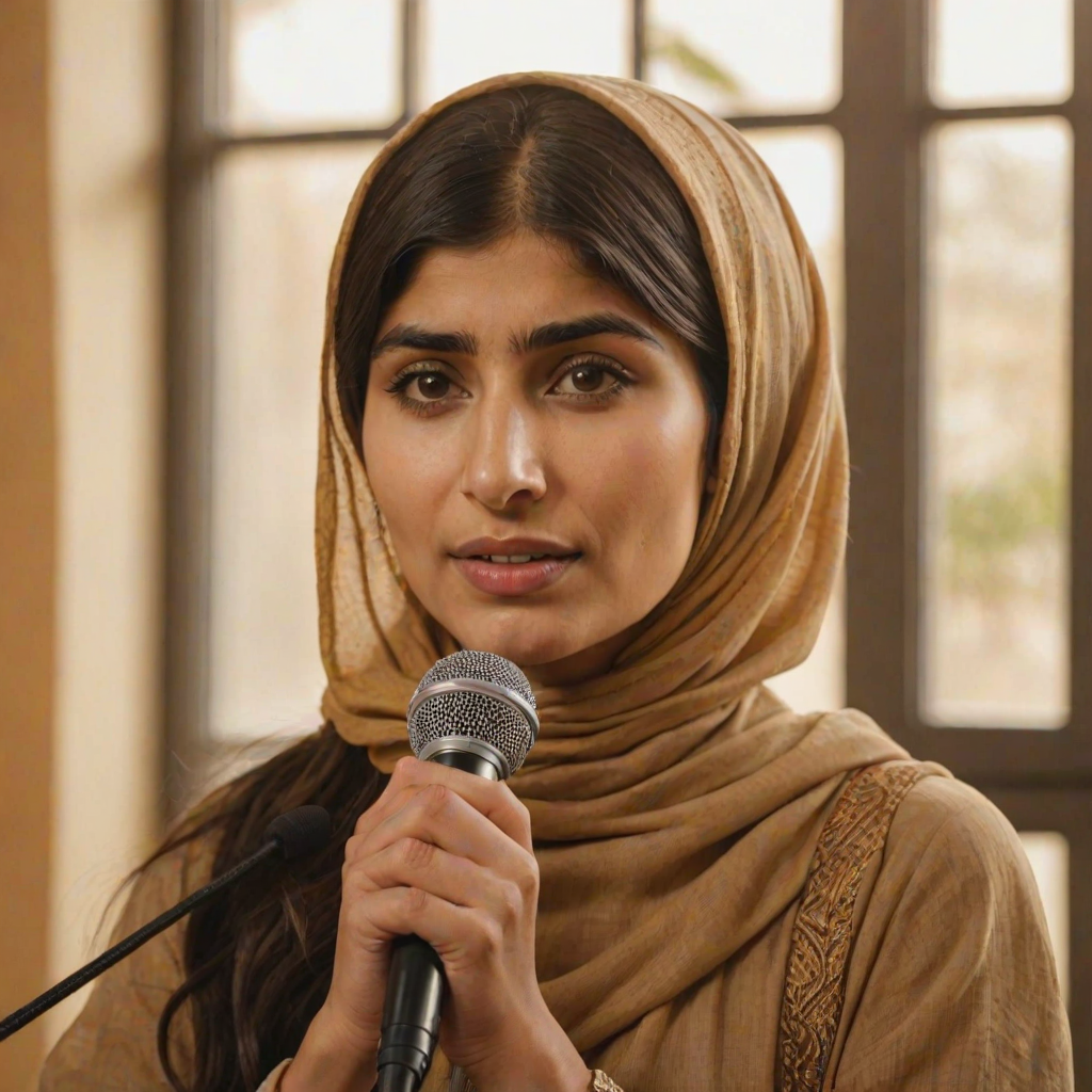 A close-up portrait of a mia khalifa with her eyes closed, singing into a microphone, positioned on the right side of the frame, facing the viewer. She is wearing a brown headscarf, gold earrings, and a brown blouse, and is bathed in warm, golden light emanating from the windows behind her. A blurred figure of a man singing into a microphone is visible in the background. The scene has a sense of calm and spirituality.