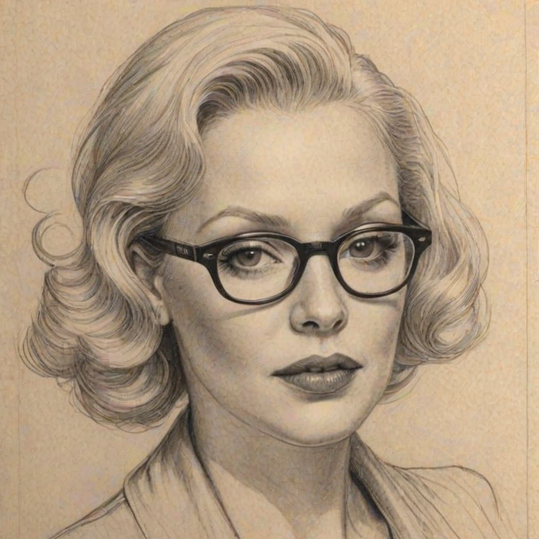 Enchanting Cathy Moriarty, pencil sketch, portrait of Appealing woman 1926s in glasses, hair style beatnik, outline, clear lines, fine lines, 8k