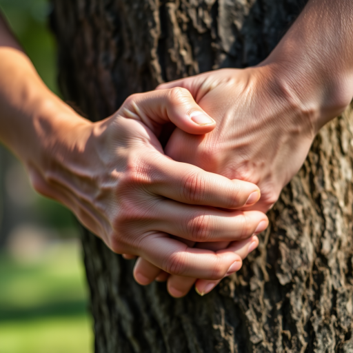 close-up of two aged hands clasped on the textured bark of a tree, natural lighting, aperture f/2.8, shutter speed 1/250, ISO 200, macro lens, DSLR camera, shallow depth of field, warm tones