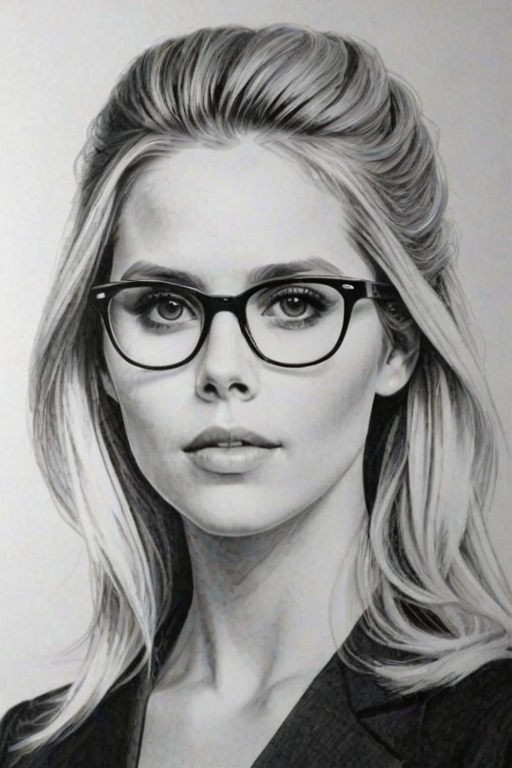 Appealing Claire Holt, pencil sketch, portrait of Beauteous woman 1969s in glasses, hair style beatnik, outline, clear lines, fine lines, 8k